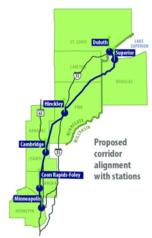 Cities that are proposed to have stations connecting to this railroad. 

