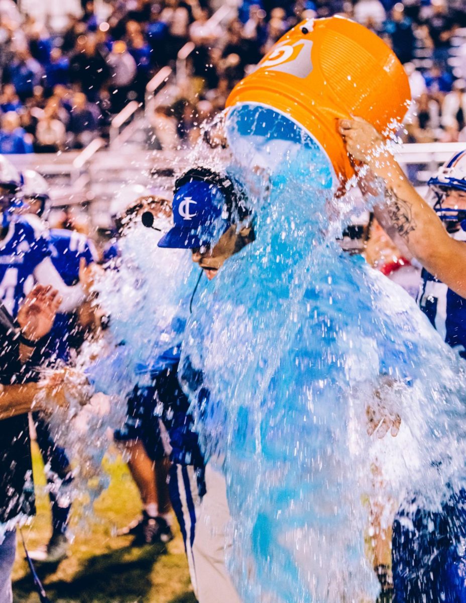 Coach Geisler gets a Gatorade bath following his first victory as a Bluejacket Coach.